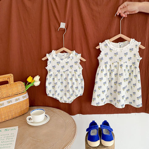 Lace Print Flower Skirt Sisters and Cotton Sleeveless Jumpsuit